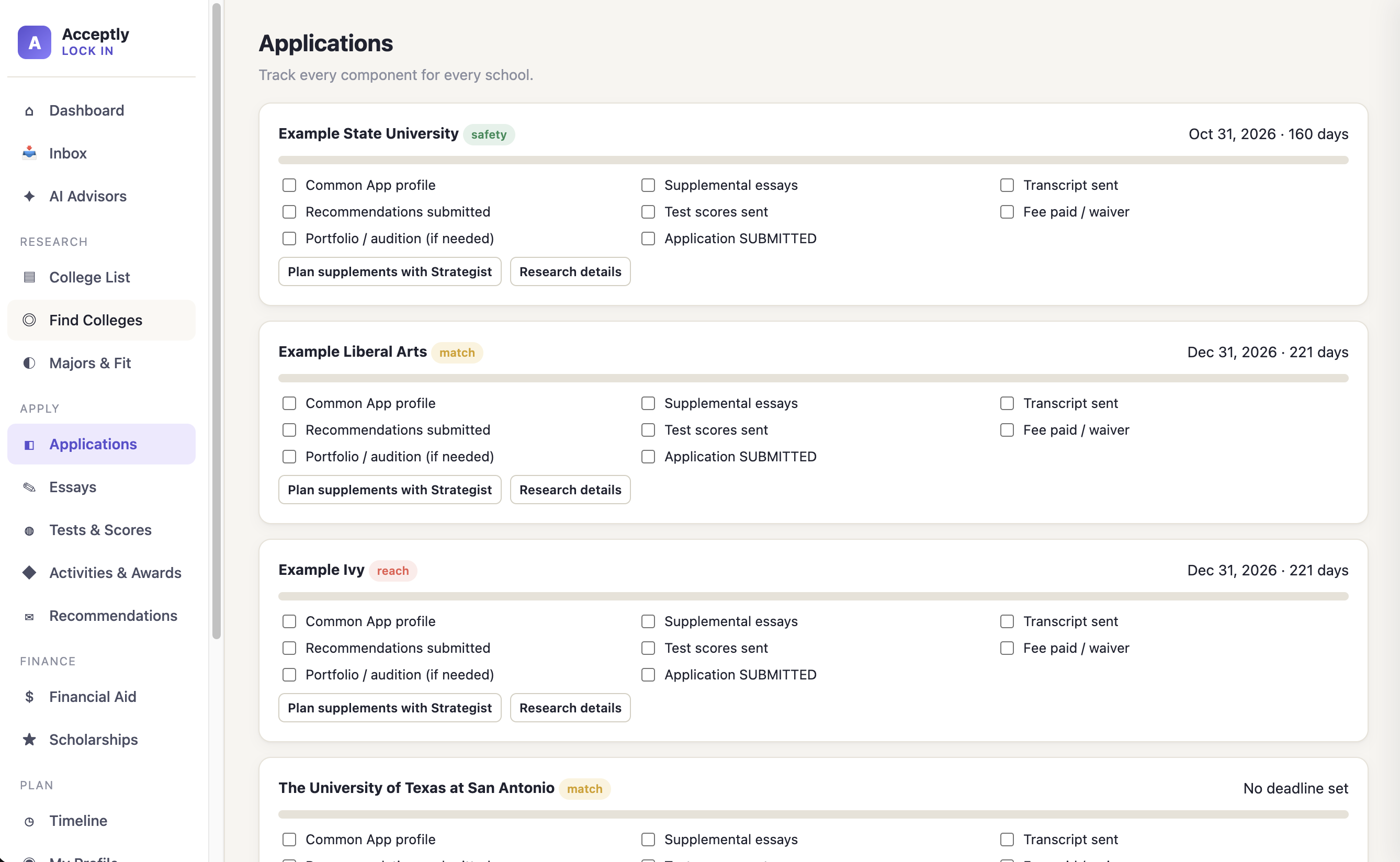 Application manager view with deadlines, status, and essay checklist for each school
