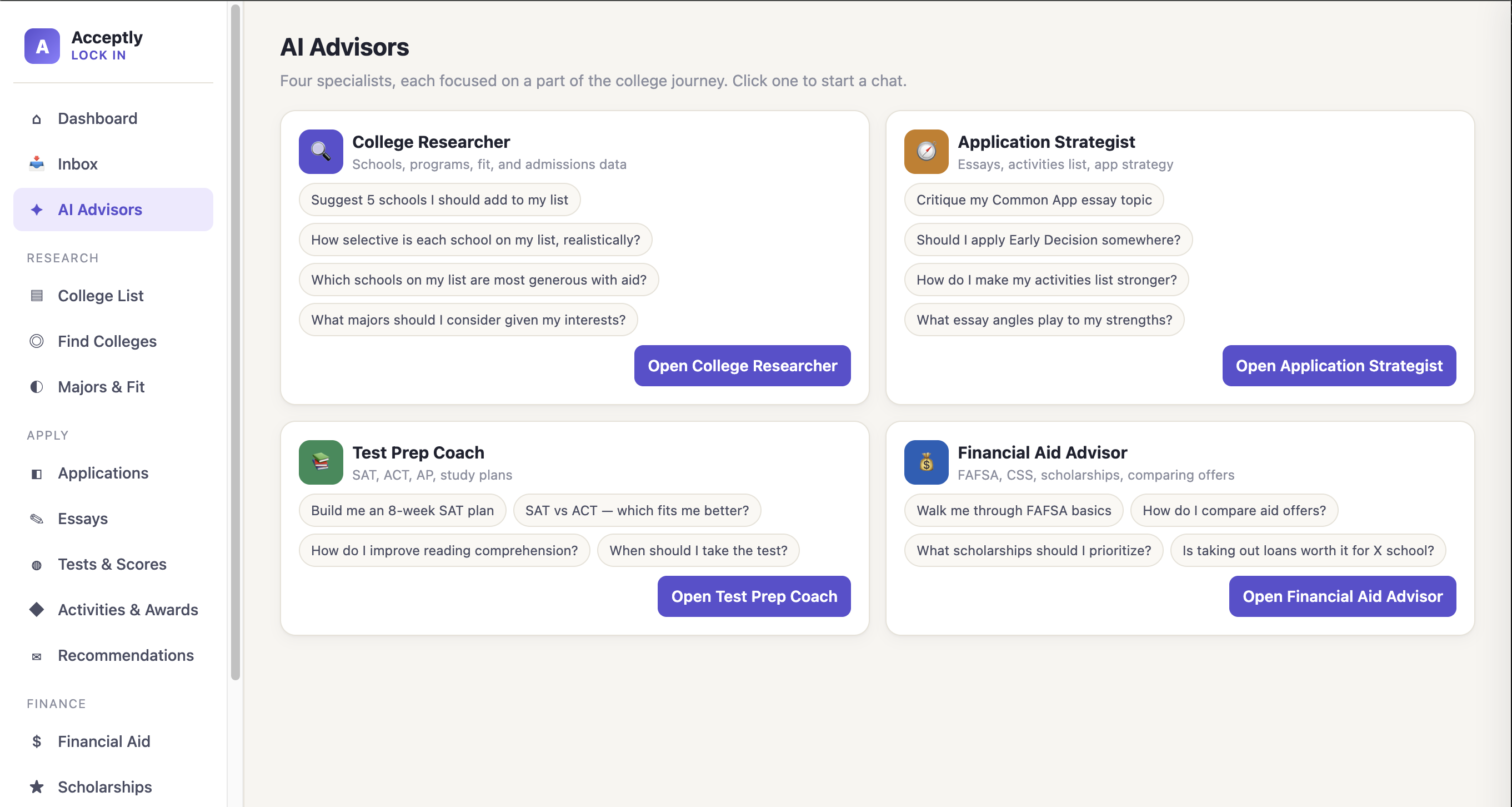 Four specialized AI advisor chats: College Researcher, Application Strategist, Test Prep Coach, Financial Aid Advisor