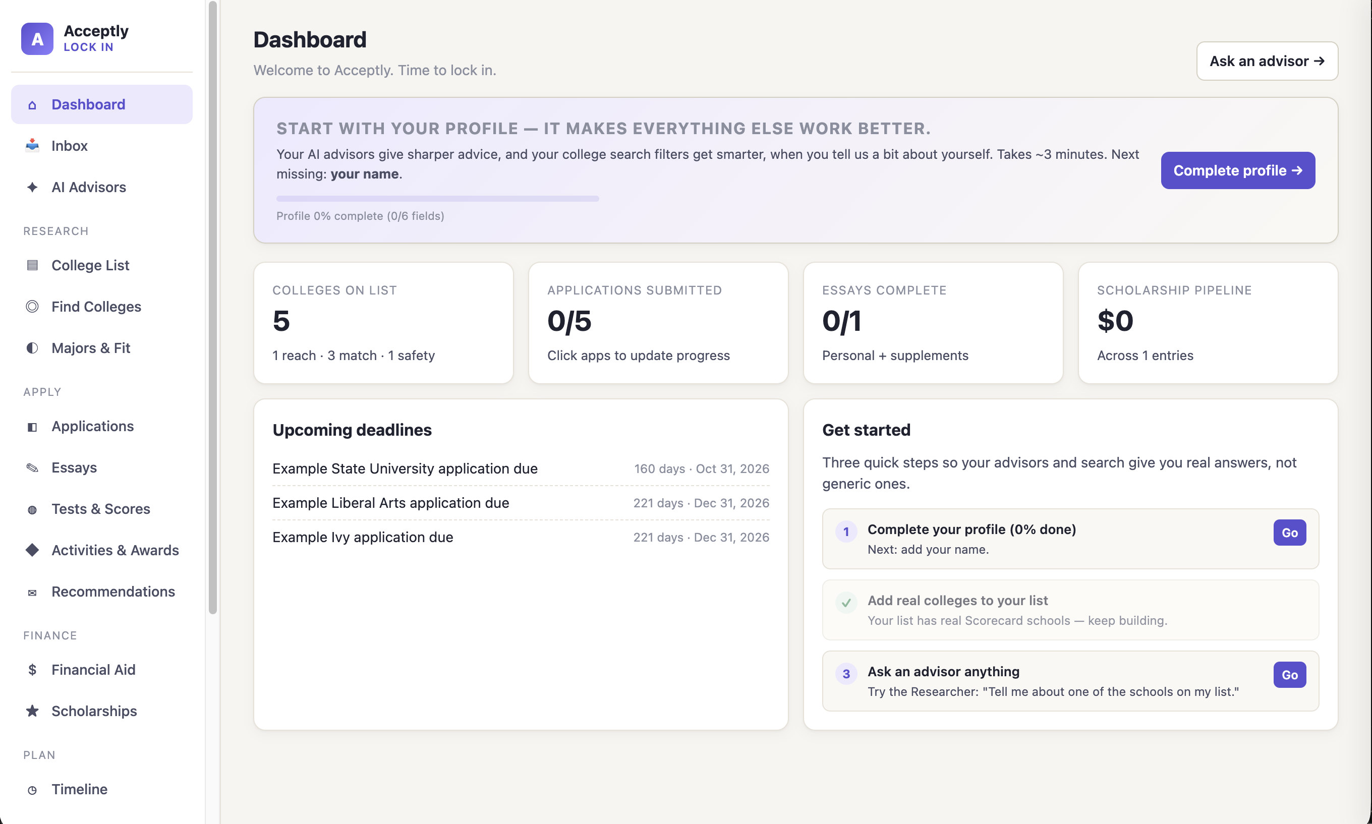 Acceptly workbench dashboard showing the student's college list, profile, and timeline